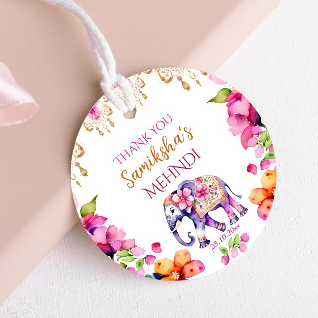 Mehndi Indian wedding elephant pink flowers favour Tags (Mehndi Indian wedding elephant template favor gift thank you tags cute ornate elephant watercolor)