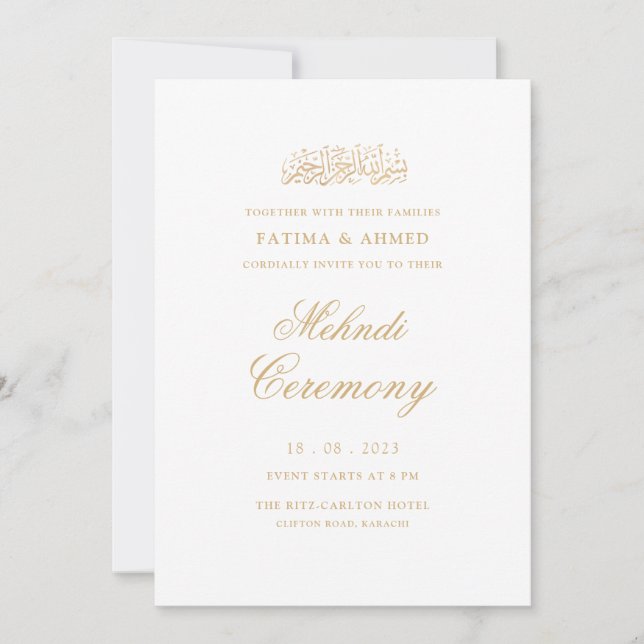 Mehndi Minimal White Islamic Muslim Wedding Invitation (Front)