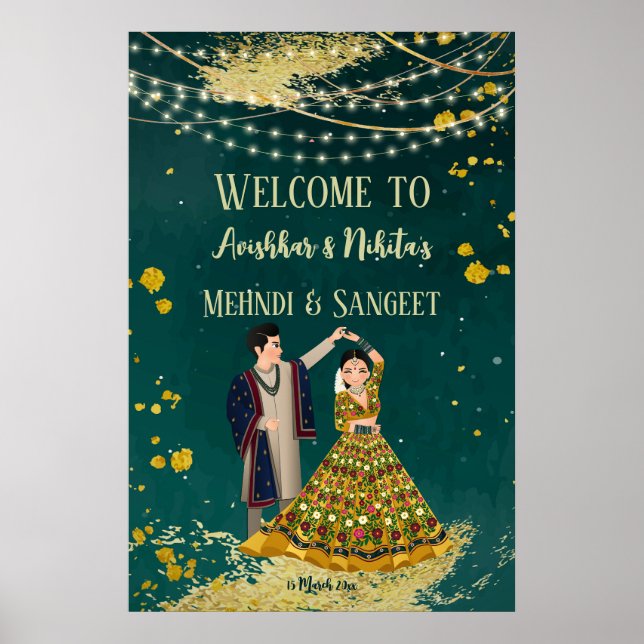 Mehndi sangeet green with dancing couple welcome  poster (Front)