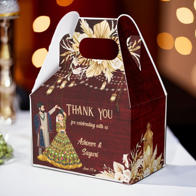 Mehndi Sangeet Indian wedding dancing couple Favor Box (Mehndi and Sangeet Indian wedding maroon and gold favor gift box cute cartoon dancing bridal couple)