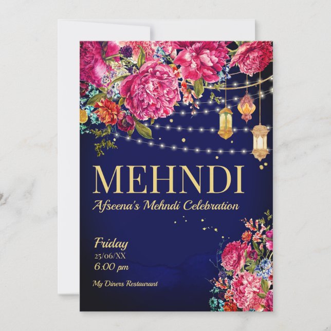 Mehndi Starry night Arabian lanterns floral Invitation (Front)
