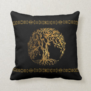 Mehndi Tree of Life (Gold) Throw Pillow