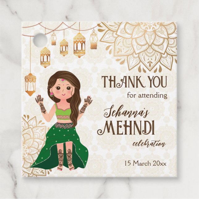 Mehndi with cute Indian henna bride personalized Favour Tags (Front)