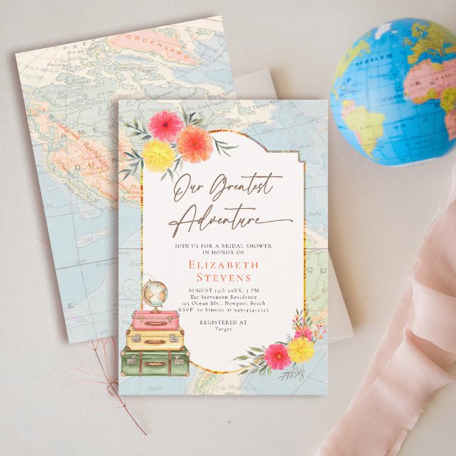 Meilleure aventure Florale Carte du monde Voyage M (travel bridal shower invitation floral watercolor world map suitcases elegant modern chic)