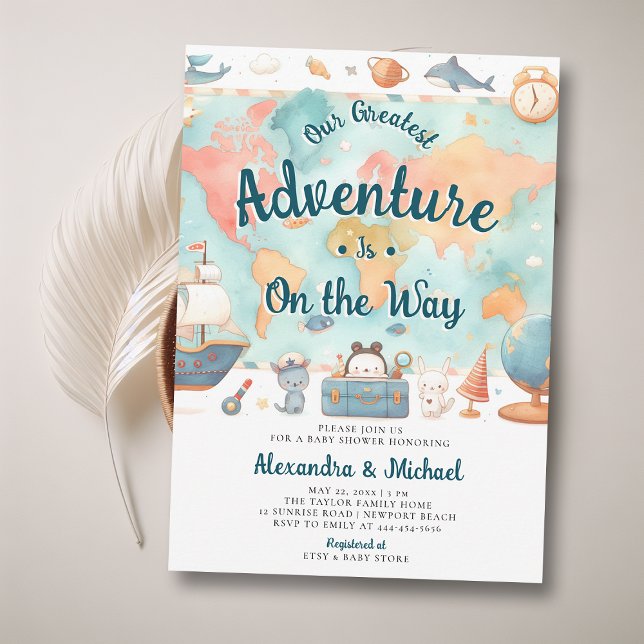 Meilleure carte d'aventure Couples Baby shower gar (adventure boy baby shower invitation cute world map watercolor cute adorable boat animals luggage)