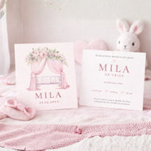 Meisje Roze Wieg Bloemen Waterverf Geboorte