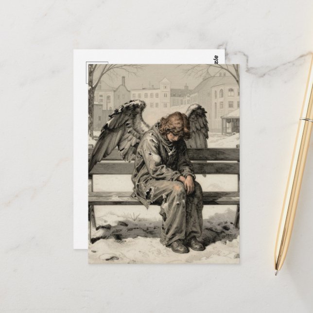 Melancholy Angel in a Snowy City Park Postcard (Front/Back In Situ)