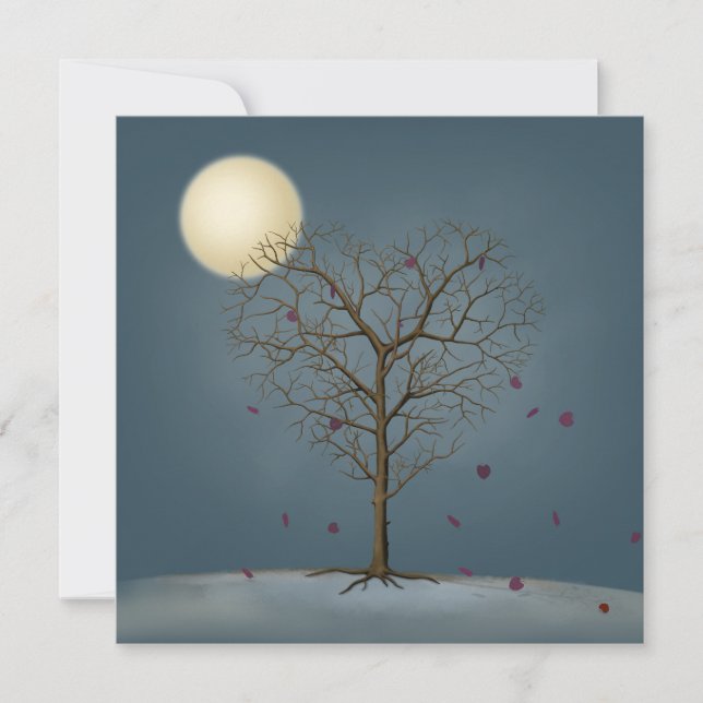 Melancholy Heart Shaped Tree Under Full Moon Holiday Card (Front)