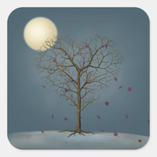Melancholy Heart Shaped Tree Under the Full Moon Square Sticker