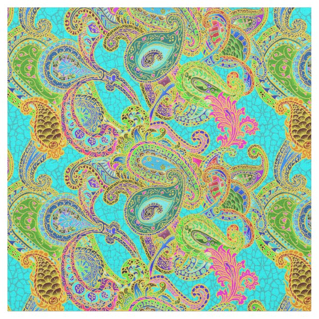 Melange Paisley in Turquoise and Green Fabric (Close Up)