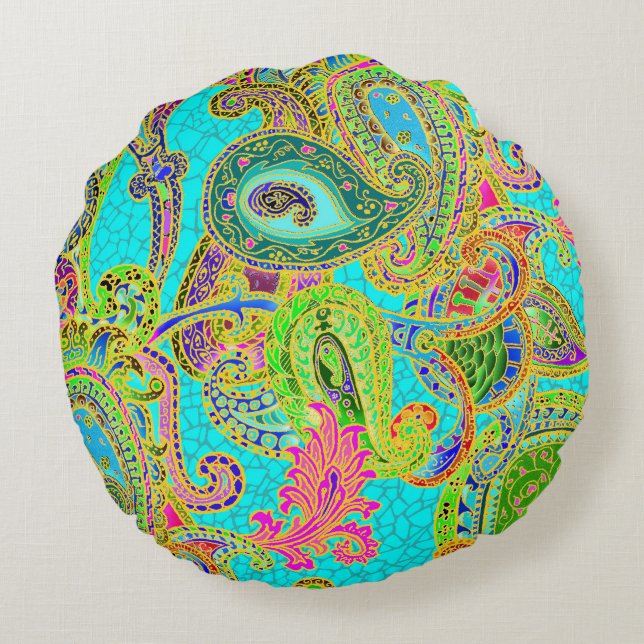 Melange Paisley in Turquoise and Green Round Pillow (Back)