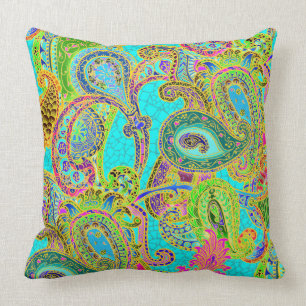 Melange Paisley in Turquoise and Sherbet Green Throw Pillow
