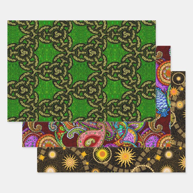 Melange Paisley, Tysonia and Celtic Dragon Wrapping Paper Sheet (Set)