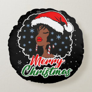 Melanin Christmas Black Queen Melanin Woman Xmas Round Pillow