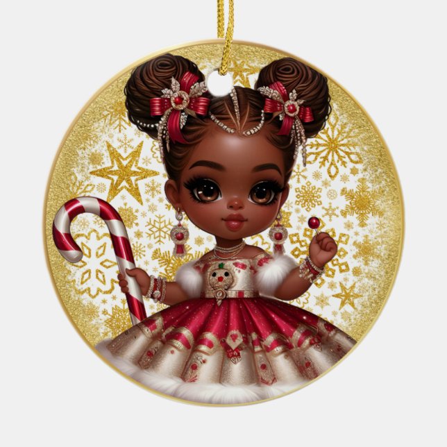 Melanin Christmas Girl Ceramic Christmas Ornament (Front)