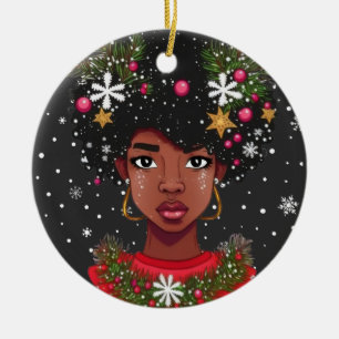 Melanin Christmas Magic Black Girl Woman Sista Ceramic Ornament