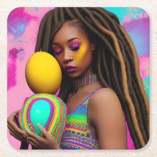 Melanin Easter Rainbow Spring Sista Girl Birthday Square Paper Coaster