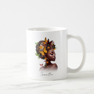 Melanin Magic: Afro Hair and Colourful Butterfly Coffee Mug