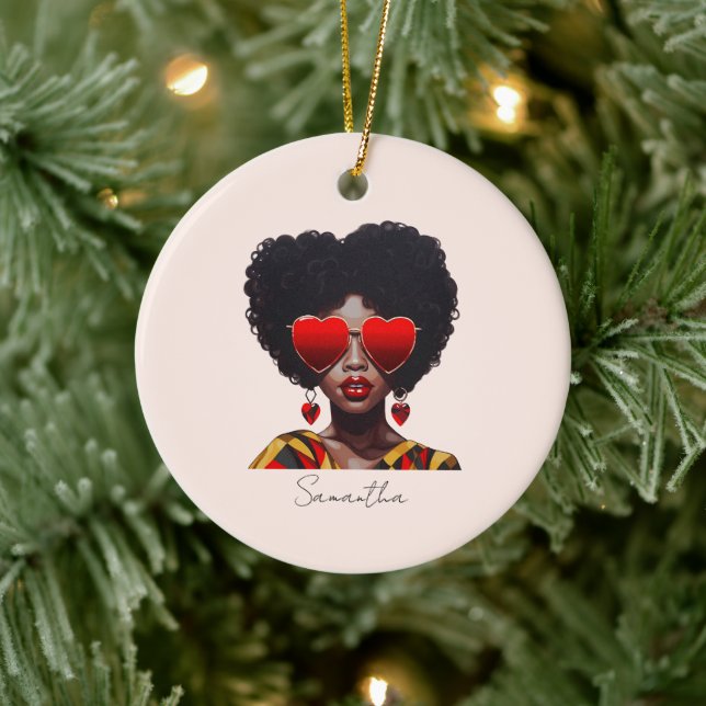 Melanin Magic: Black Queen Rocking Heart Shades Ceramic Ornament (Tree)