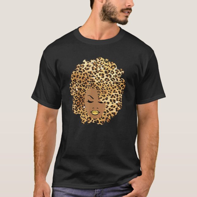 Melanin Queen Leopard Afro Hair African American B T-Shirt (Front)