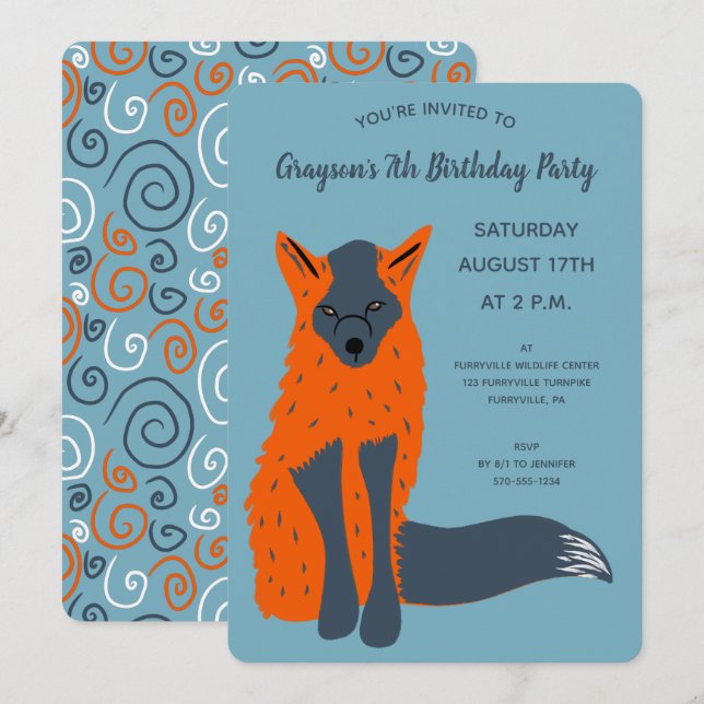 Melanistic Fox Older Boys Animal Birthday Party Invitation (Front/Back)