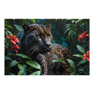 Melanistic Jaguar in Jungle Red Flowers Photo Print