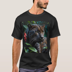 Melanistic Jaguar in Jungle Red Flowers T-Shirt