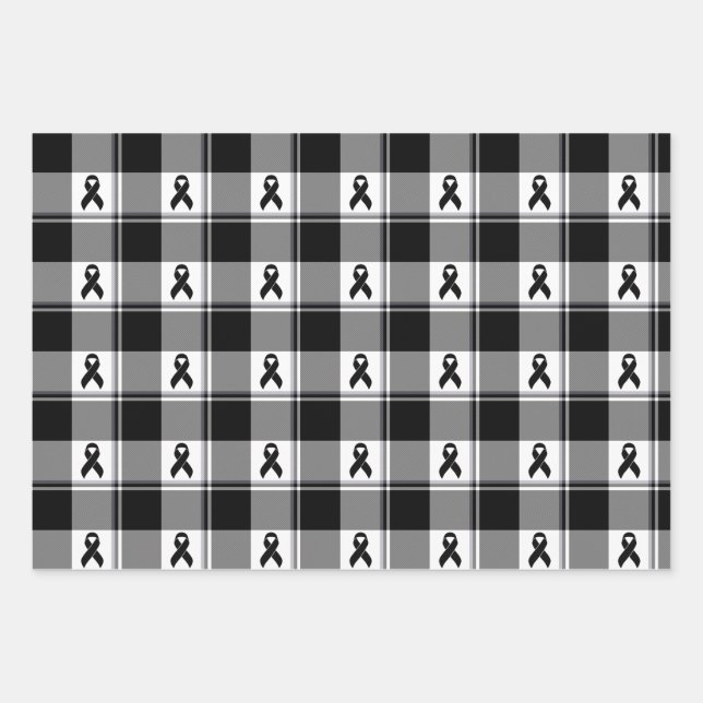 Melanoma Skin Cancer Awareness Plaid Black Ribbon Wrapping Paper Sheet (Front)