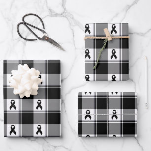 Melanoma Skin Cancer Awareness Plaid Black Ribbon Wrapping Paper Sheet