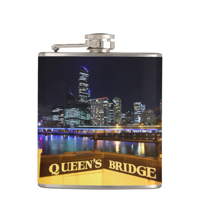 Melbourne Australia CBD Lights over Queen's Bridge Hip Flask (Front)