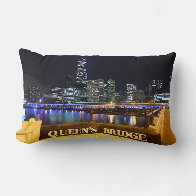 Melbourne Australia CBD Lights over Queen's Bridge Lumbar Pillow (Front)