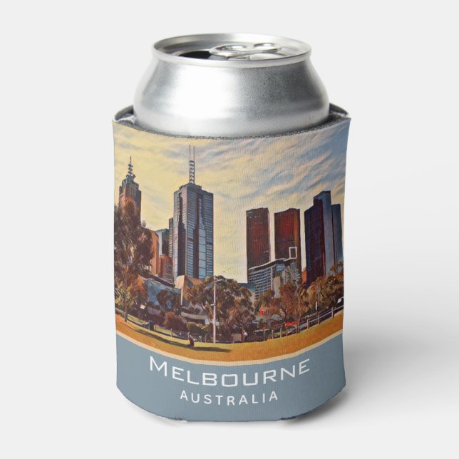 Melbourne Australia Skyline Watercolor Art Can Cooler (Can Front)