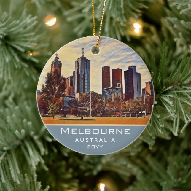 Melbourne Australia Skyline Watercolor Art Ceramic Ornament (Tree)