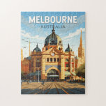 Melbourne Australia Travel Art Vintage Jigsaw Puzzle<br><div class="desc">Melbourne retro vector travel design. Melbourne is the coastal capital of the southeastern Australian state of Victoria. At the city's centre is the modern Federation Square development,  with plazas,  bars,  and restaurants by the Yarra River.</div>
