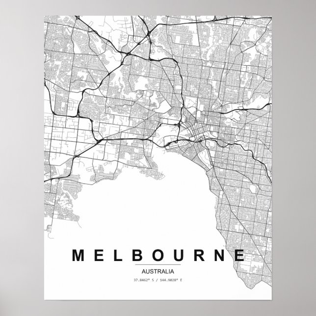 Melbourne Minimalist Map (Black & White) Poster (Front)