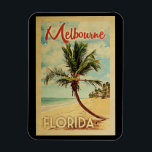 Melbourne Palm Tree Vintage Travel Magnet<br><div class="desc">A uniquely retro mid-century modern Melbourne Florida art print in vintage travel poster style. It features a curved palm tree on sandy beach with ocean under a blue cloudy sky.</div>
