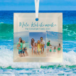 Mele Kalikimaka Beach Vacation 3 Photo Christmas Glass Ornament<br><div class="desc">Chic customizable beach family photo collage Christmas ornament with your favourite tropical photo in the sun. Add 3 vertical photographs of your favourite trip from your island vacation to the coast. A beautiful coastal holiday ornament gift with pretty blue script above the three pictures.</div>