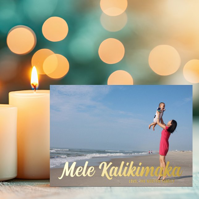 Mele Kalikimaka Chic Gold Script Beach Photo Foil Holiday Card (Creator Uploaded)