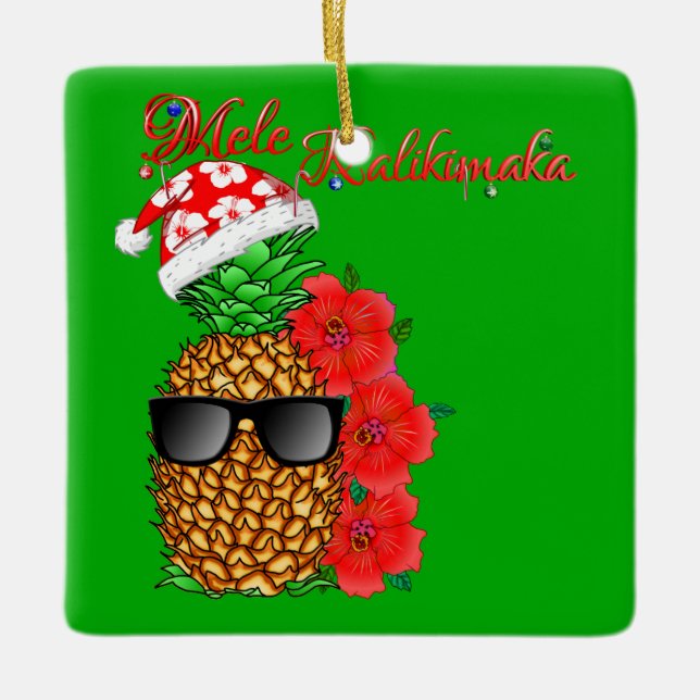 Mele Kalikimaka Christmas Pineapple Ceramic Ornament (Front)