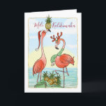 Mele Kalikimaka Christmas Pink Flamingo  Holiday Card<br><div class="desc">Want to wish friends and family a warm aloha this Christmas? Here are some very unique and beautiful Mele Kalikimaka Christmas cards designed by Raphaela Wilson. The illustration depicts 2 pink flamingos wearing festive holiday hats in a warm tropical beach scene with sparkling sea waves. A bag overflowing with golden...</div>