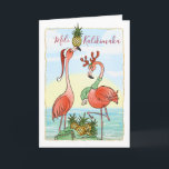 Mele Kalikimaka Christmas Pink Flamingo Holiday Card<br><div class="desc">Want to wish friends and family a warm aloha this Christmas? Here are some very unique and beautiful Mele Kalikimaka Christmas cards designed by Raphaela Wilson. The illustration depicts 2 pink flamingos wearing festive holiday hats in a warm tropical beach scene with sparkling sea waves. A bag overflowing with golden...</div>
