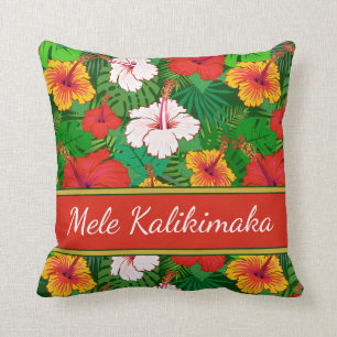 Mele Kalikimaka Colorful Hawaiian Flowers Holiday Throw Pillow