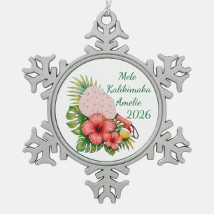 Mele Kalikimaka Custom Name Dated 2026 Pickleball Snowflake Pewter Christmas Ornament