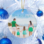 Mele Kalikimaka Family Beach Photo 2023 Christmas Ceramic Ornament<br><div class="desc">Chic customizable beach family photo Christmas ornament with your favourite tropical photo in the sun. Add a full photograph of your favourite memory from your island vacation to the coast on the front and one on the back. A beautiful coastal holiday ornament gift with pretty blue script over the picture....</div>