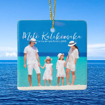 Mele Kalikimaka Family Beach Trip Photo Christmas Ceramic Ornament<br><div class="desc">Chic customizable beach family photo Christmas ornament with your favorite tropical photo in the sun. Add a full photograph of your favorite memory from your island vacation to the coast on the front and one on the back. A beautiful coastal holiday ornament gift with pretty white script over the picture....</div>