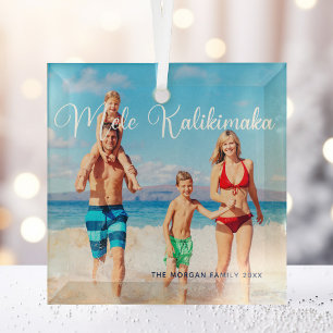 Mele Kalikimaka Family Photo Beach Christmas 2021 Glass Ornament