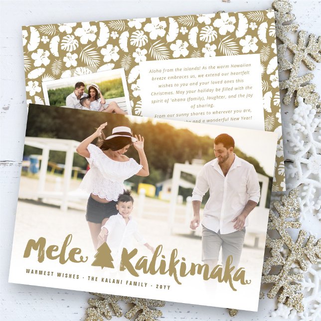 Mele Kalikimaka Gold Brush Script Christmas Photo Holiday Card (Creator Uploaded)