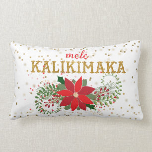 Mele Kalikimaka Gold Glitter Poinsettia Lumbar Pillow