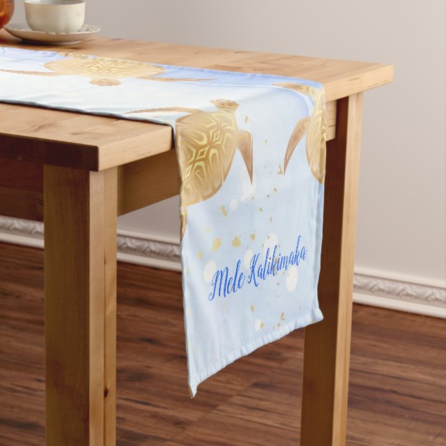 Mele Kalikimaka | Gold Sea Turtles Ink Blue    Short Table Runner (In Situ)