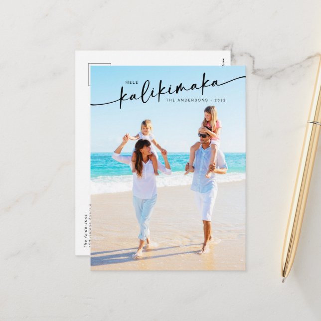 Mele Kalikimaka Hand Lettered Photo  Holiday Postcard (Front/Back In Situ)